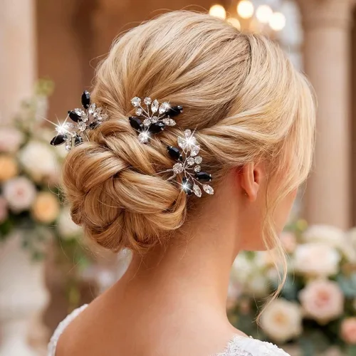 Miniatura 5 de Unicra Horquillas para el pelo de cristal negro plateado con diamantes de imitación, piezas de pelo de novia, accesorios para novias y mujeres