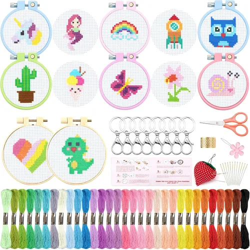 ZOCONE 12 kits de punto de cruz para niños de 7 a 13 años, kits para principiantes con instrucciones, llaveros, aros y herramientas de bordado,