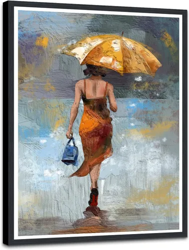 Miniatura 27 de Lienzo abstracto moderno para pared, póster de niña en vestido rojo caminando con paraguas azul, obra de arte para la decoración de pared