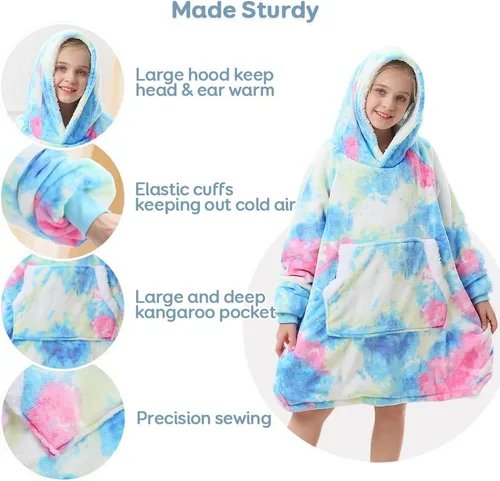 Miniatura 3 de Topblan Manta con Capucha para Niños, Niñas, Adolescentes, Manta de Franela y Sherpa de Gran Tamaño con Capucha, Bolsillo y Mangas