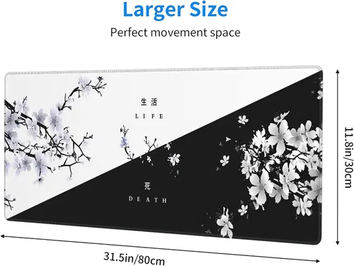 Miniatura 2 de Alfombrilla de mouse con diseño de flor de cerezo blanco y negro japonés Sakura Death Life Flower extendida de 31.5 x 11.8 in, base de goma Vida