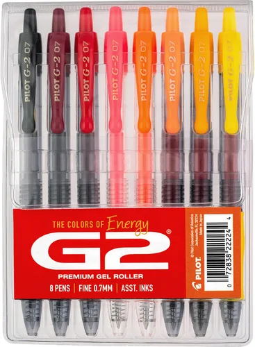 Pilot G2 - Bolígrafos de gel de alta calidad, paquete de bolígrafos rojos G2 Boost con los colores de la energía, paquete de 8 unidades, punta fina