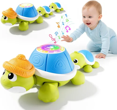 BLF FUN Juguetes para bebés 6-12 meses, juguetes musicales de tortugas con mamá y bebés, juguetes de aprendizaje para bebés con luz y música,