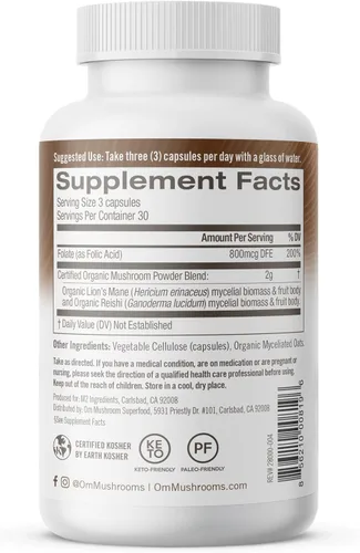 Miniatura 9 de OM MUSHROOM SUPERFOOD Brain Fuel - Cápsulas en polvo de hongos suplemento superalimentario, 90 unidades, 30 días, melena de león, mezcla de reishi