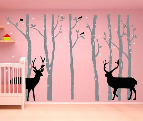 Miniatura 3 de Vinilo adhesivo de vinilo extraíble con diseño de ciervos y abedules para niños, decoración de habitación del bebé, habitación del bebé (gris)