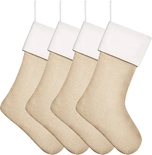 Juego de 4 medias navideñas de arpillera para decoración de tamaño grande