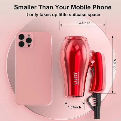 Miniatura 2 de LURA Secador de pelo automático de viaje de doble voltaje con difusor, secador de pelo de viaje mini con enchufe de la UE y enchufe del Reino Unido