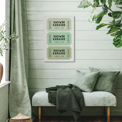 Miniatura 5 de Lienzo con impresión de karaoke para ducha, divertido arte de pared de baño, póster retro de boletos, color verde salvia, decoración de baño