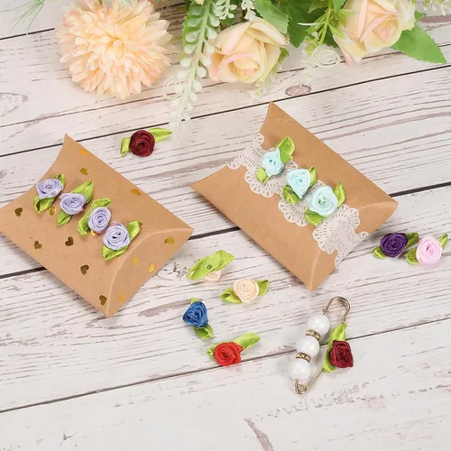 Miniatura 5 de PATIKIL Mini rosas de cinta, 200 unidades, pequeñas flores de tela de satén con adornos de hojas verdes, rosetas para manualidades, costura, boda