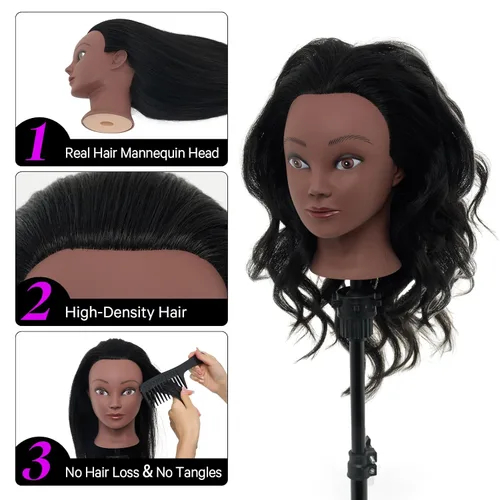 Miniatura 3 de 100% cabello humano de maniquí, cabeza de maniquí de cabello real de 18 pulgadas, cabeza de muñeca de maniquí de cosmetología para peinar