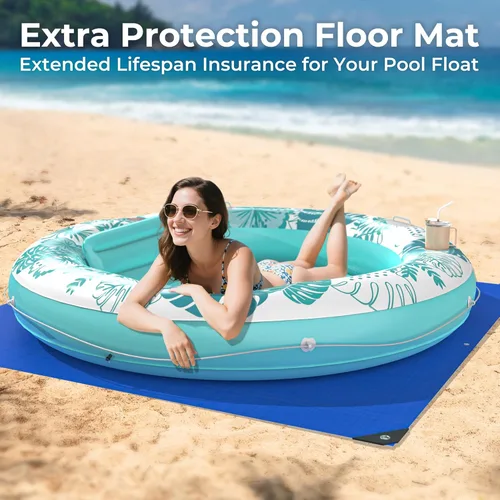 Miniatura 2 de Inflatable Tanning Pool Lounger Float with Protection Tarp, 75" x 75" Pool Floats Adult with Pillow, 6 in 1 Suntan Tub Raft Floatie, Sunbathing Cian