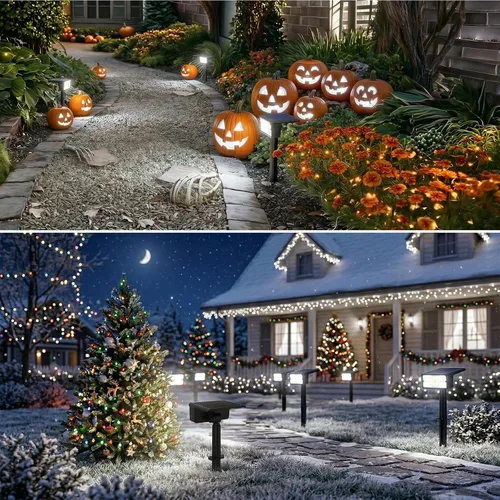 Miniatura 7 de T-SUN Focos solares para exteriores, paquete de 4 unidades, 49 LED, 2 modos de iluminación, IP65 impermeables para paisaje, luces LED de atardecer a