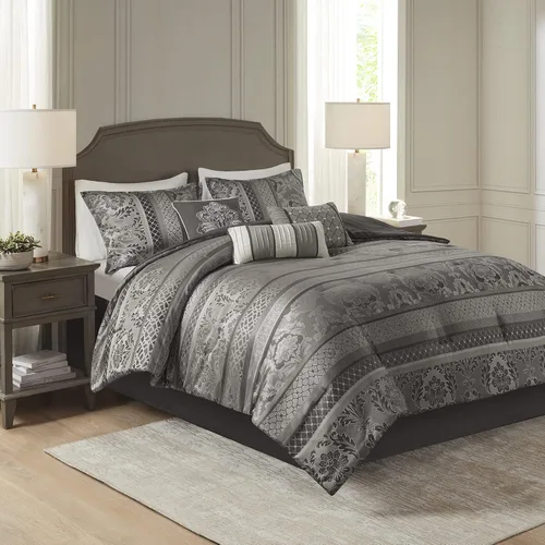 Miniatura 16 de Madison Park Bellagio - Juego de edredón acogedor, lujoso diseño tradicional de damasco jaquard, ropa de cama alternativa para todas las estaciones