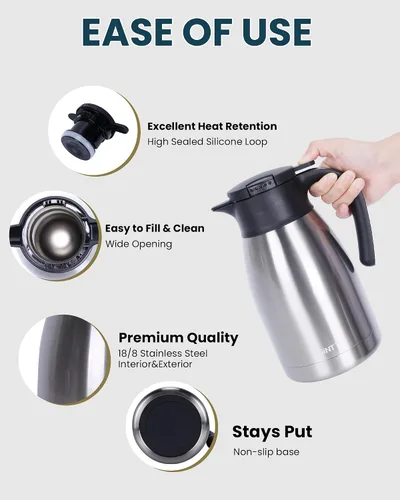 Miniatura 3 de GiNT Jarra térmica de café en acero inoxidable de 51 onzas con tapa / Jarra térmica de doble pared al vacío / 12 horas de retención del calor