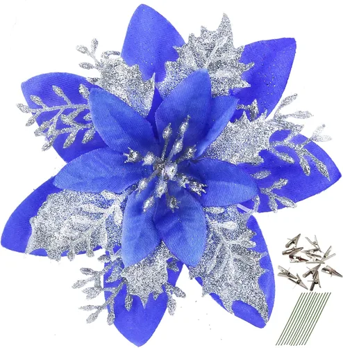 Miniatura 23 de GREENTIME 12 flores de pascua artificiales con purpurina de 5.5 pulgadas, tallos de Navidad, adornos para árbol de Navidad para fiesta de Año Nuevo