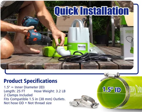 Miniatura 3 de Green Expert 1/3HP Submersible Sump Pump Kit with 25FT Lay-Flat Discharge Hose, Pump with Hose, Water Sensor Automatic/Manual Low Water Drain Pump