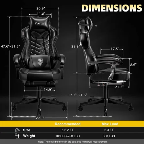 Miniatura 3 de Vonesse Silla de juegos, silla de oficina grande y alta con reposapiés y masaje, sillas de juegos para adultos con soporte lumbar, silla ergonómica
