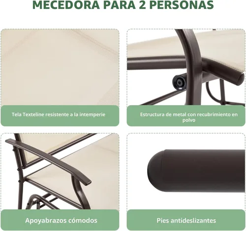 Miniatura 7 de Yaheetech Banco planeador al aire libre para 2 personas, silla mecedora para patio, sofá biplaza para patio trasero, piscina, jardín, porche, marco