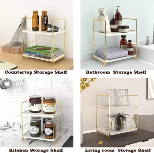 Miniatura 5 de Repisa de 2 niveles para especias de cocina - Estante organizador apilable independiente para encimera de baño - Soporte organizador de cosméticos