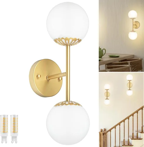 Miniatura 2 de Lámpara de pared dorada con 2 luces – Lámpara de pared moderna de globo, accesorios de iluminación LED para tocador con pantalla de vidrio