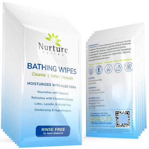 Nurture - Toallitas de baño sin enjuague para adultos con aloe sin agua para pieles sensibles, desechables para adultos, toallitas húmedas para