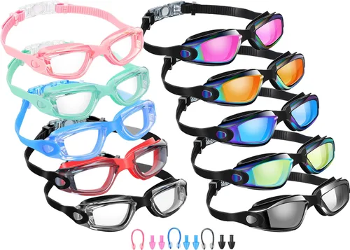 Miniatura 12 de Konohan Paquete de 10 gafas de natación a granel para niños y adultos, gafas de piscina antivaho de silicona sin fugas, gafas de natación