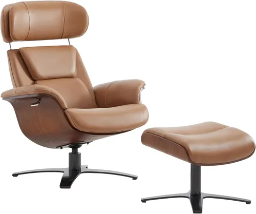 Miniatura 11 de CHITA Silla giratoria reclinable de cuero genuino con reposacabezas ajustable y otomana para sala de estar, color negro