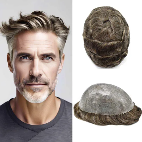 Miniatura 91 de Toupee para hombres Sistema de reemplazo de cabello humano real para hombres Completo PU Mens Hairpiece de aspecto natural para hombre piezas