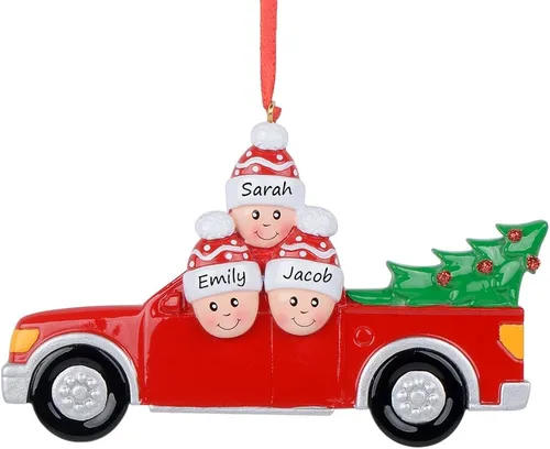 Miniatura 8 de Adorno de Navidad familiar personalizado 2024 Familia de 2 personas que llevan árbol de Navidad para el hogar, camión rojo, hecho a mano, regalo