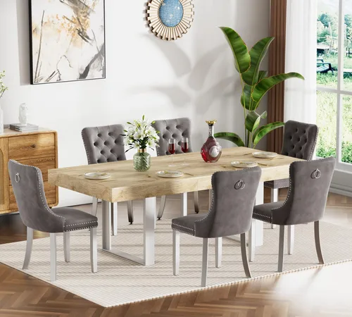 Miniatura 25 de Juego de mesa de comedor extensible marrón de 7 piezas para 6, 63 a 78.74 pulgadas, moderno juego de mesa de cocina y comedor, mesa de comedor Mesa