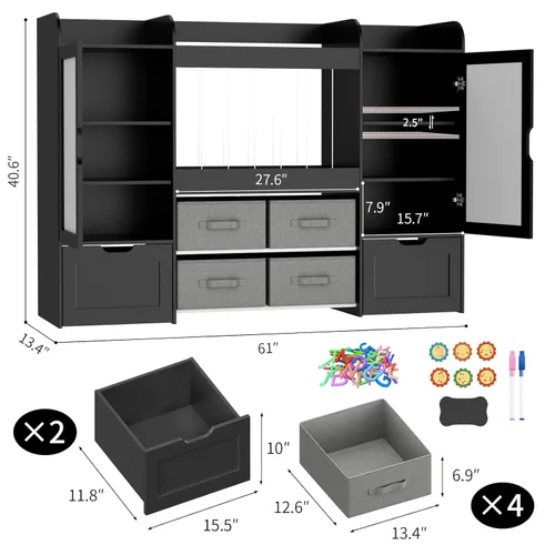 Miniatura 2 de Organizador de juguetes para niños de 61 pulgadas de ancho, estantería con 2 tablas magnéticas de dibujo, almacenamiento de animales de peluche, 2