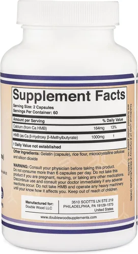 Miniatura 3 de Double Wood Supplements Suplemento HMB, probado por terceros, sin OMG, sin gluten, 120 cápsulas, 1000 mg por porción, 500 mg por cápsula