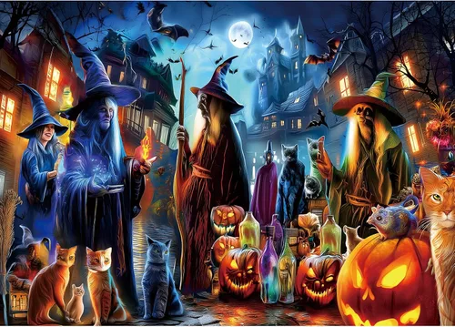 Miniatura 22 de Rompecabezas de Halloween para adultos, 1000 piezas, rompecabezas de tienda mágica de gatos y brujas con letras en la parte posterior con caramelo