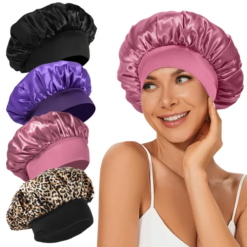 Miniatura 22 de 4 piezas de gorro de satén de seda, gorro de cabello para dormir, gorro de seda elástica de banda ancha para dormir, suave y transpirable