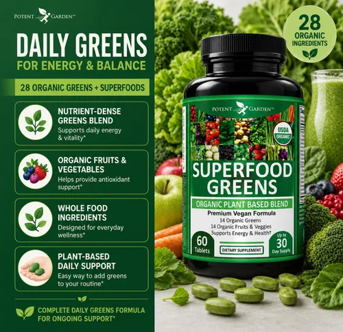 Miniatura 6 de Potent Garden Suplemento orgánico de superalimentos, frutas y verduras rico en vitaminas y antioxidantes con alfalfa, raíz de remolacha y cereza