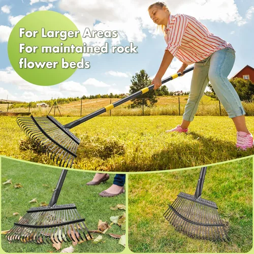 Miniatura 4 de INFLATION Rastrillo de jardín resistente para hojas para césped, 65 pulgadas de largo, 18 pulgadas de ancho, ajustable, 25 púas, rastrillo de hojas