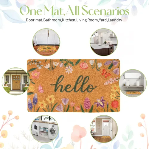 Miniatura 4 de Dripykiaa Felpudo floral de Hello Spring para puerta delantera, 30 x 17 pulgadas, tapete de bienvenida de fibra de coco con respaldo antideslizante