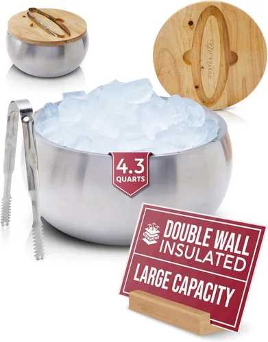 Gusto Nostro Cubo de hielo aislado de 4.1 L con tapa y pinzas, cubo de hielo de acero inoxidable de doble pared, grande, sin BPA para bar de Plateado