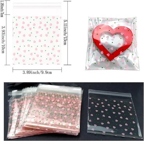 Miniatura 2 de 100 bolsas de celofán transparente con corazón rosa de San Valentín para suministros de panadería