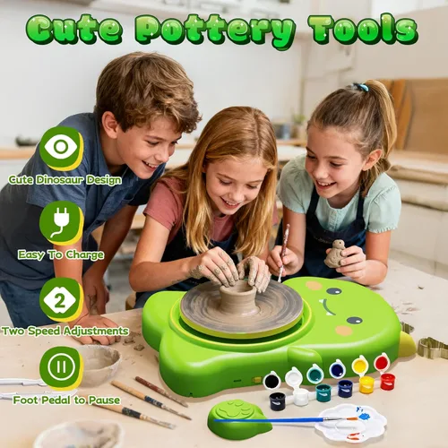 Miniatura 6 de Skirfy Mini Kit de Rueda de Alfarería para Principiantes Niños, Rueda Eléctrica de Cerámica con Pedal de Pie y Kit de Pintura, Velocidad Ajustable
