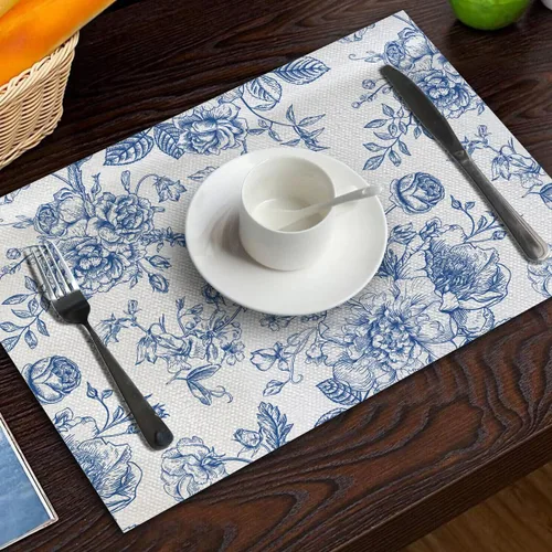 Miniatura 6 de Juego de 6 manteles individuales y camino de mesa floral azul y blanco, elegante juego de tapetes de comedor de lino con patrón botánico vintage