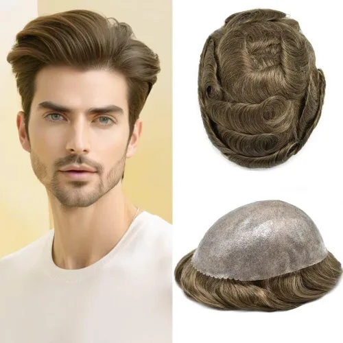 Miniatura 110 de Peluca completa de poliuretano para hombre, sistemas de reemplazo de cabello humano, piel fina y duradera, para hombre, prótesis de cabello