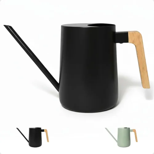 Regadera pequeña de metal de 35 onzas para interior con boquilla larga y mango de madera real para plantas de casa, suculentas, cactus y plántulas -