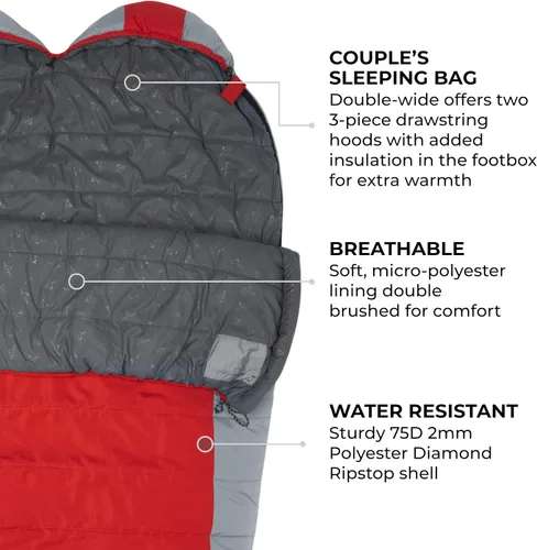 Miniatura 4 de Saco de Dormir Teton 20F y 5F; Saco de Dormir Ultraligero y Cálido para Momia para Adultos y Niños, Acampada, Mochilero, Senderismo Rojo doble