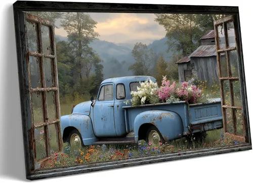 Miniatura 16 de Decoración rústica de granja en lienzo con ventana abierta, impresiones artísticas para pared, pintura de camión viejo, lienzo de granero y bandera