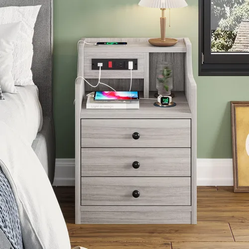 Miniatura 10 de ADORNEVE - Mesita de noche con estación de carga, mesita negra para dormitorio, mesa auxiliar con aparador y cajones de almacenamiento