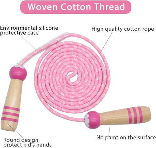 Miniatura 3 de Cuerda de Saltar para Niños, Cuerda de Saltar Ajustable de 7 Pies de Algodón con Mango de Madera para Niños y Niñas, Ejercicio al Aire Libre
