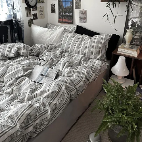Miniatura 41 de mixinni Juego de funda de edredón vintage a rayas, tamaño twin, juego de ropa de cama de 3 piezas, 100% algodón lavado, suave y transpirable, funda