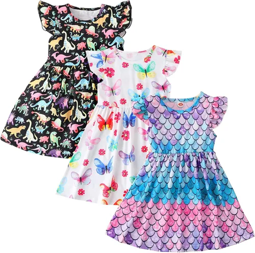 Cozystep Vestidos casuales para niñas pequeñas, paquete de 2 unidades, de algodón, manga larga, cuello redondo, gráficos, de dibujos animados, para