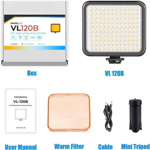 Miniatura 7 de Mettlelite VL120B Kit de luz LED de video regulable, continuo, portátil, para cámara, iluminación de fotografía, luz de video recargable con trípode